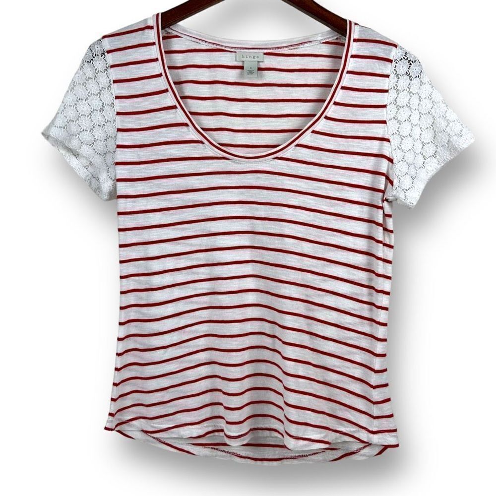 Hinge Red and White Stripe T-shirt with Lace Short Sleeves Size S